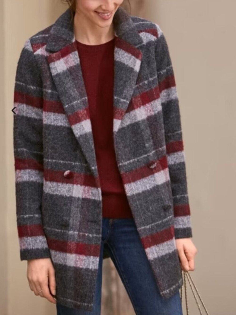 Sezane Octave Coat In Burgundy Gray Tiles Plaid Double Breasted Jacket Size 38